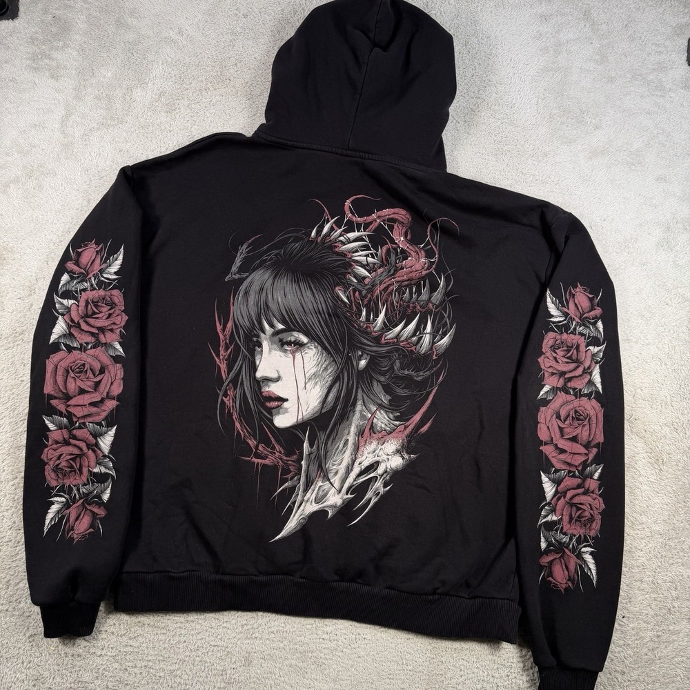 Stay Cold Apparel Hoodie Men XL Black Fleece Grunge Alt Goth Emo Floral Pullover